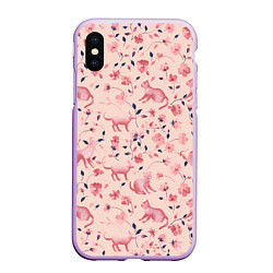 Чехол iPhone XS Max матовый Розовый паттерн с цветами и котиками