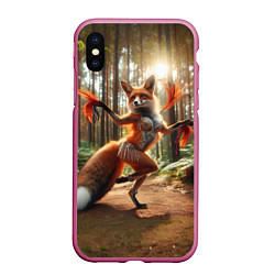 Чехол iPhone XS Max матовый Лиса Шаманка танцует зажигательный танец в лесу, цвет: 3D-малиновый