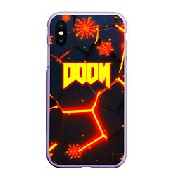 Чехол iPhone XS Max матовый Doom плиты лого в огне, цвет: 3D-светло-сиреневый