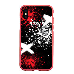 Чехол iPhone XS Max матовый Логотип Порше на фоне граффити и брызг красок, цвет: 3D-красный