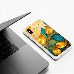 Чехол iPhone XS Max матовый Листья абстрактные золото и бирюза, цвет: 3D-белый — фото 2