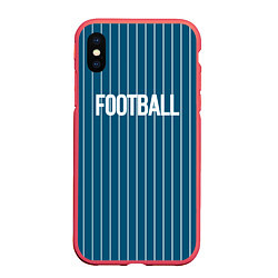 Чехол iPhone XS Max матовый Синий с белым полосатый узор с надписью футбол