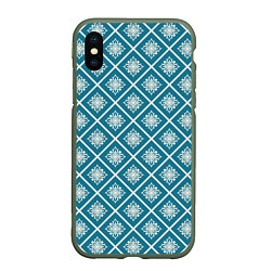 Чехол iPhone XS Max матовый Орнамент в ромбах на синем, цвет: 3D-темно-зеленый