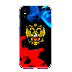 Чехол iPhone XS Max матовый Россия герб огненый стиль, цвет: 3D-сиреневый