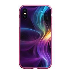 Чехол iPhone XS Max матовый Радужные неоновые волны и разводы на черном фоне