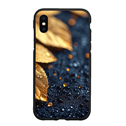 Чехол iPhone XS Max матовый Золотые листья на темном фоне