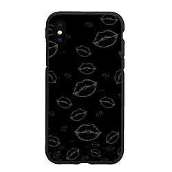 Чехол iPhone XS Max матовый Паттерн серый контур губ на чёрном - lips black, цвет: 3D-черный