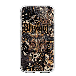 Чехол iPhone XS Max матовый Slipknot на фоне масок черепов животных, цвет: 3D-белый