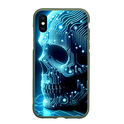 Чехол iPhone XS Max матовый Cyber neon skull - ai art с дорожками на плате, цвет: 3D-темно-зеленый