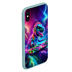 Чехол iPhone XS Max матовый Tyrannosaur DJ - neon glow, цвет: 3D-мятный — фото 2