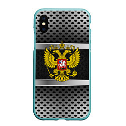 Чехол iPhone XS Max матовый Герб РФ текстура карбон