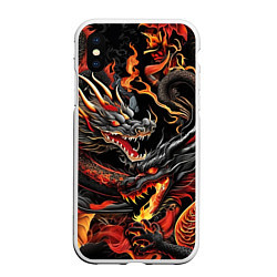 Чехол iPhone XS Max матовый Огненные драконы в стиле тату ирезуми на черном, цвет: 3D-белый