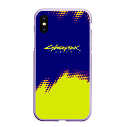 Чехол iPhone XS Max матовый Cyberpunk 2077 краски жёлтые, цвет: 3D-светло-сиреневый