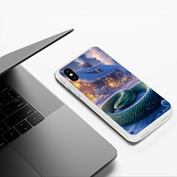 Чехол iPhone XS Max матовый Большая змея на фоне новогоднего дома, цвет: 3D-белый — фото 2