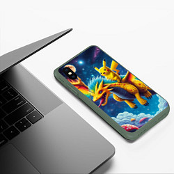 Чехол iPhone XS Max матовый Pikachu on a fabulous dragon - neon glow, цвет: 3D-темно-зеленый — фото 2