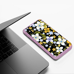 Чехол iPhone XS Max матовый Жёлто-белые цветы на чёрном фоне, цвет: 3D-сиреневый — фото 2