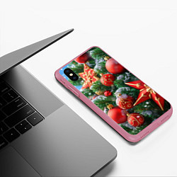 Чехол iPhone XS Max матовый Красные шары и звезда новогодняя, цвет: 3D-малиновый — фото 2