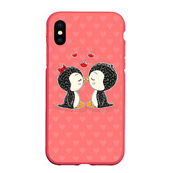 Чехол iPhone XS Max матовый Влюбленные пингвины, цвет: 3D-красный
