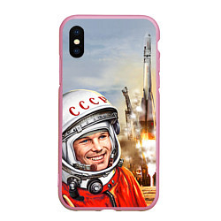 Чехол iPhone XS Max матовый Гагарин взлетает, цвет: 3D-розовый
