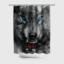 Шторка для душа Агрессивный волк с синими глазами, цвет: 3D-принт