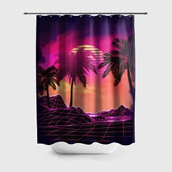 Шторка для душа Пальмы и пляж в розовом закате ретро дизайн, цвет: 3D-принт