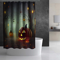 Шторка для душа Тыква на Хэллоуин в ночном туманном лесу, цвет: 3D-принт — фото 2