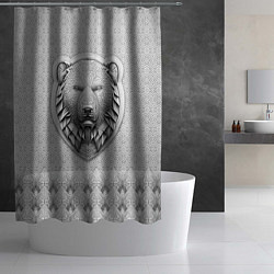 Шторка для душа Медведь чёрно-белый барельеф с этническим орнамент, цвет: 3D-принт — фото 2