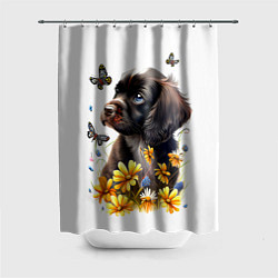 Шторка для душа Черный щенок и жёлтые полевые цветы, цвет: 3D-принт