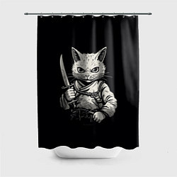 Шторка для душа Черно-белый кот самурай, цвет: 3D-принт