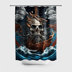 Шторка для душа Тату ирезуми черепа пирата на корабле в шторм, цвет: 3D-принт