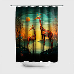 Шторка для душа Жирафы в стиле фолк-арт, цвет: 3D-принт
