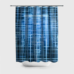 Шторка для душа Синие неоновые полосы киберпанк, цвет: 3D-принт