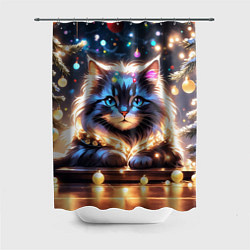 Шторка для душа Кот с гирляндой среди новогодних украшений, цвет: 3D-принт