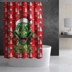 Шторка для душа Зеленый новогодний дракон на красном фоне, цвет: 3D-принт — фото 2