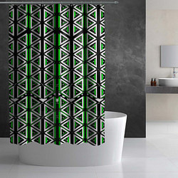 Шторка для душа Бело-зелёные треугольники на чёрном фоне, цвет: 3D-принт — фото 2