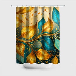 Шторка для душа Листья абстрактные золото и бирюза, цвет: 3D-принт