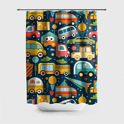 Шторка для душа Игрушечные машинки на синем фоне, цвет: 3D-принт