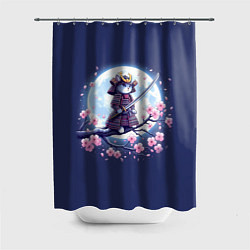 Шторка для душа Котёнок самурай - цветущая сакура, цвет: 3D-принт