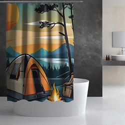 Шторка для душа Костер палатка возле озера, цвет: 3D-принт — фото 2