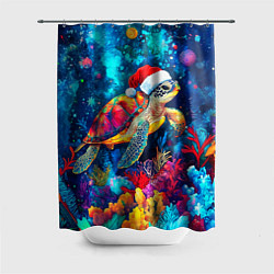 Шторка для душа Морская черепаха в шапке Санты, цвет: 3D-принт