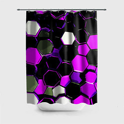 Шторка для душа Розово-белые шестиугольники на чёрном фоне, цвет: 3D-принт