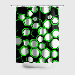 Шторка для душа Бело-зелёные шестиугольники на чёрном фоне, цвет: 3D-принт