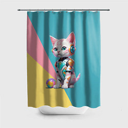 Шторка для душа Кибер котёнок с мячиком - милашка, цвет: 3D-принт
