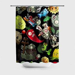 Шторка для душа Растения против зомби персонажи на черном, цвет: 3D-принт