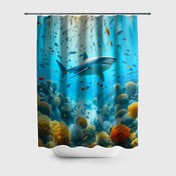 Шторка для душа Белая акула в коралловом рифе, цвет: 3D-принт