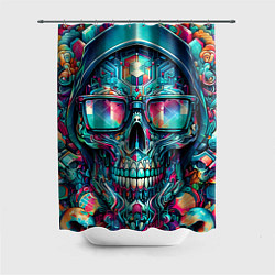 Шторка для душа Кибер череп в балахоне и очках - нейроарт фантазия, цвет: 3D-принт