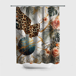 Шторка для душа Мрамор с цветами и леопардовый узор, цвет: 3D-принт
