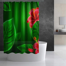 Шторка для душа Гибискус на зелёном - неоновые листья, цвет: 3D-принт — фото 2