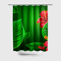 Шторка для душа Гибискус на зелёном - неоновые листья, цвет: 3D-принт