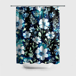 Шторка для душа Стилизованные цветы сине-зелёный, цвет: 3D-принт